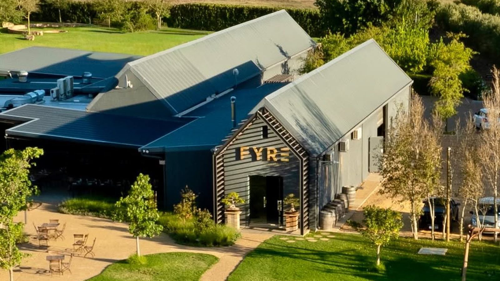 Aerial view of the FYRE building and grounds at Olijvenkraal Olive & Wine Farm