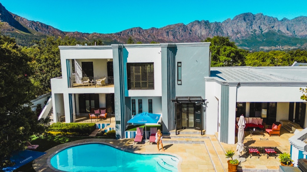 Kilima Franschhoek, aerial view of the estate and pool